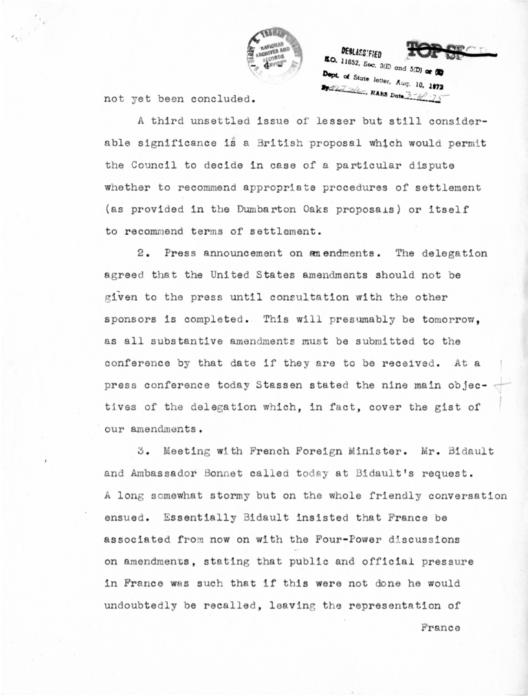 Memorandum from Secretary of State Edward R. Stettinius to President Harry S. Truman