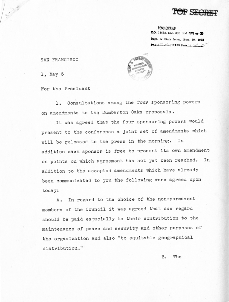 Memorandum from Secretary of State Edward R. Stettinius to President Harry S. Truman