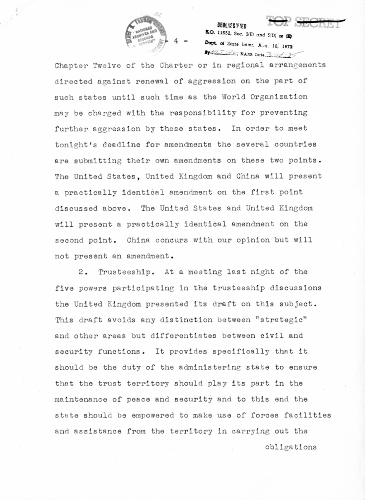 Memorandum from Secretary of State Edward R. Stettinius to President Harry S. Truman