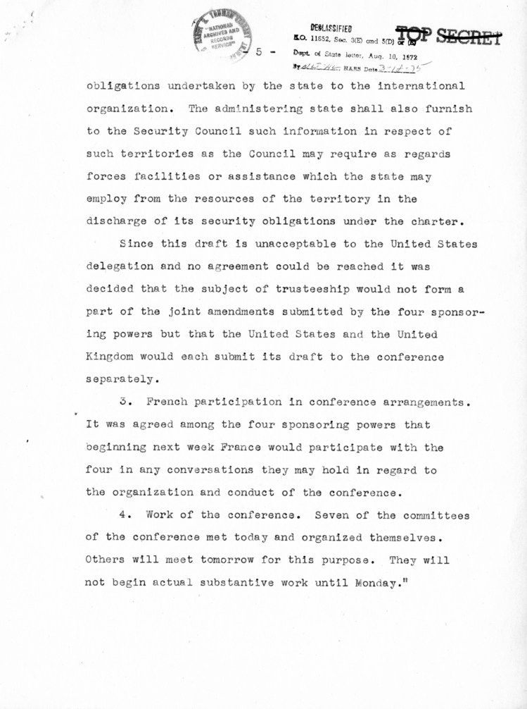 Memorandum from Secretary of State Edward R. Stettinius to President Harry S. Truman