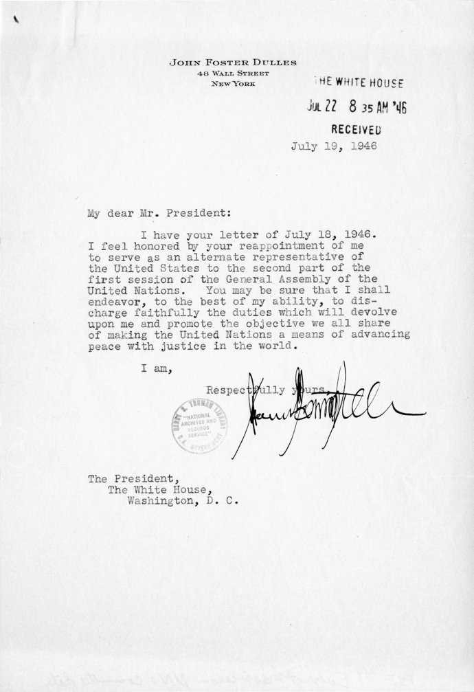 John Foster Dulles to Harry S. Truman