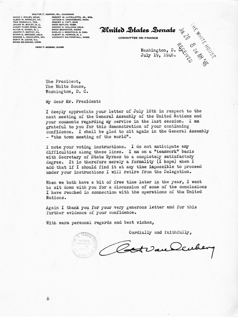 Arthur Vandenberg to Harry S. Truman