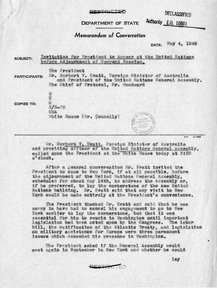 Memorandum of Conversation With Harry S. Truman and Herbert Evatt