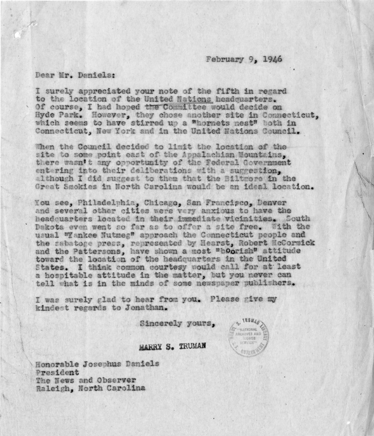 Correspondence Between Harry S. Truman and Josephus Daniels