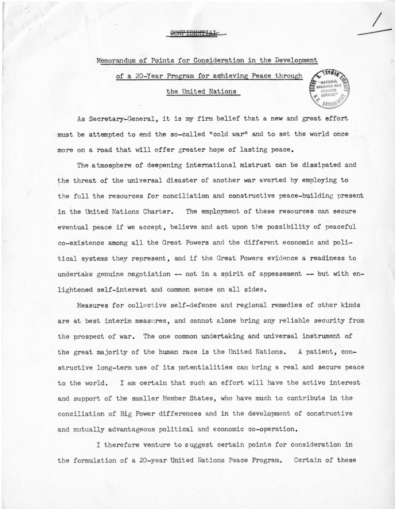 "Memorandum of Points for Consideration in the Development of a 20-Year Program for Achieving Peace Through the United Nations" by Trygve Lie