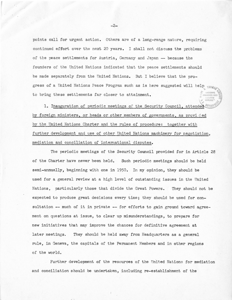 "Memorandum of Points for Consideration in the Development of a 20-Year Program for Achieving Peace Through the United Nations" by Trygve Lie