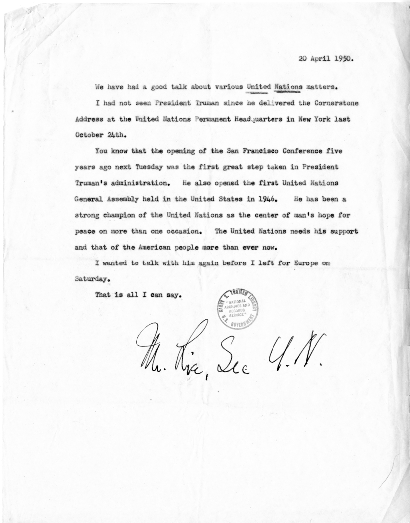 "Memorandum of Points for Consideration in the Development of a 20-Year Program for Achieving Peace Through the United Nations" by Trygve Lie