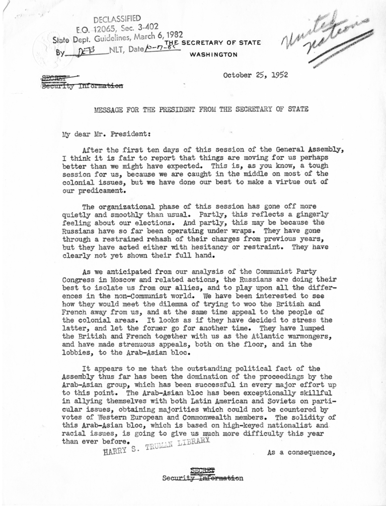 Message from Secretary of State Dean Acheson to President Harry S. Truman