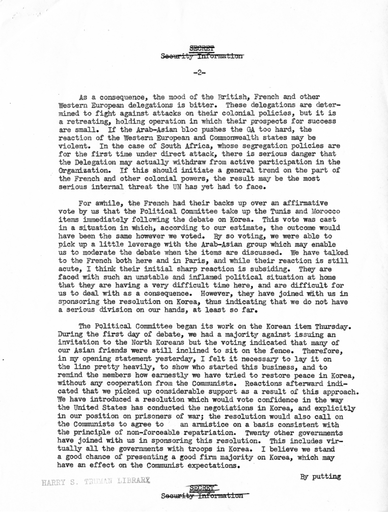 Message from Secretary of State Dean Acheson to President Harry S. Truman