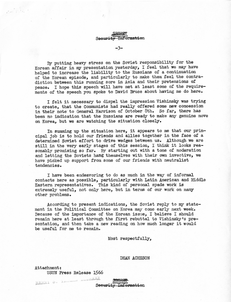 Message from Secretary of State Dean Acheson to President Harry S. Truman