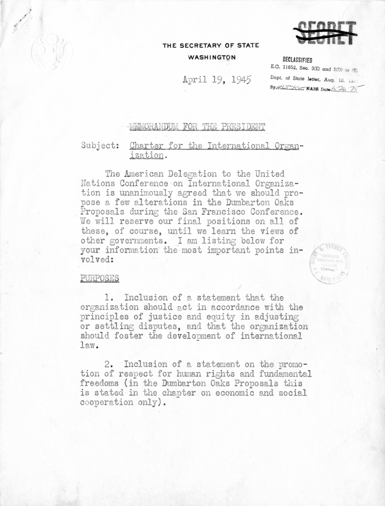 Memorandum from Secretary of State Edward Stettinius to President Harry S. Truman