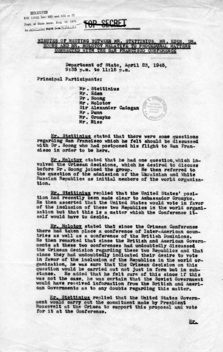 Minutes of Meeting Between Anthony Eden, Alger Hiss, Vyacheslav Molotov, T. V. Soong, Edward Stettinius, and Others