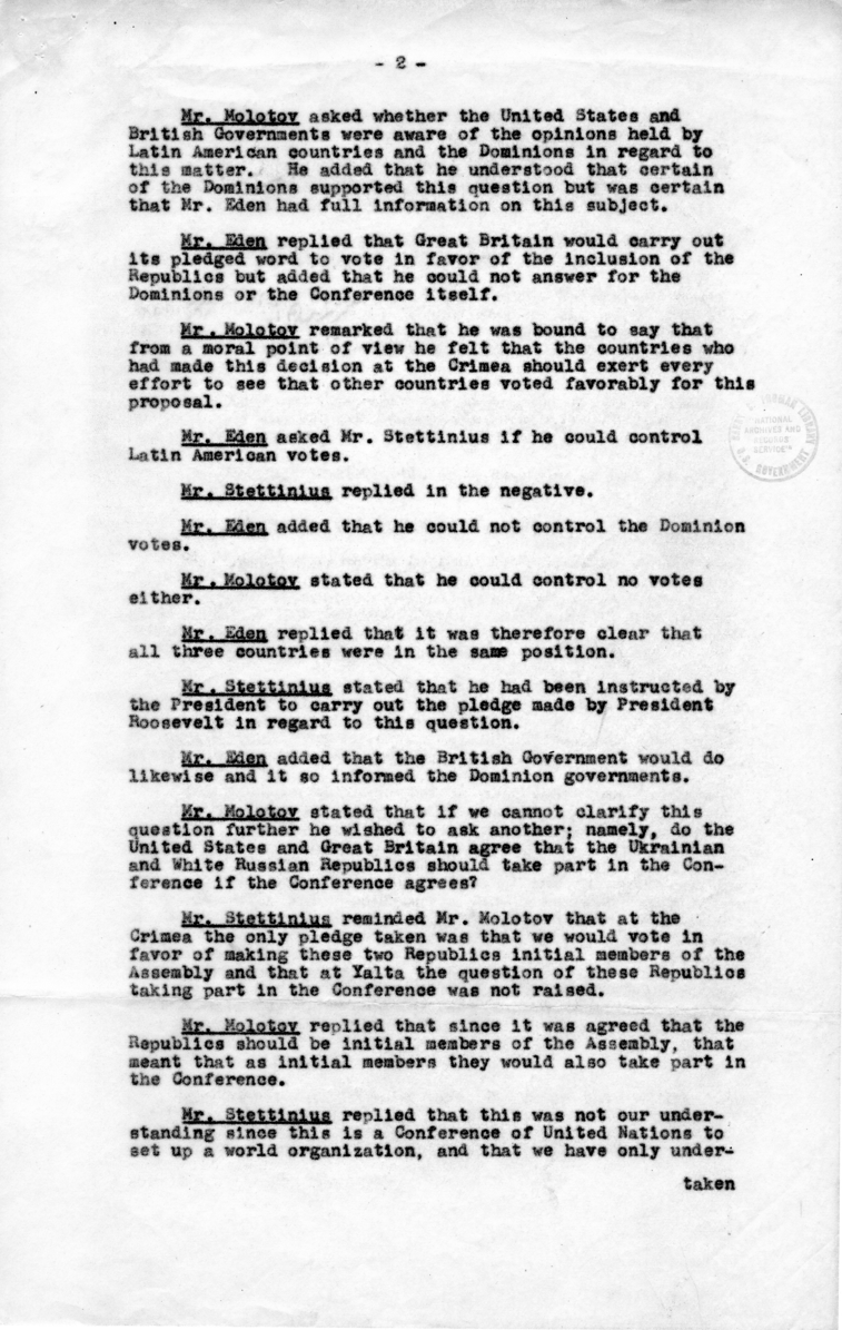Minutes of Meeting Between Anthony Eden, Alger Hiss, Vyacheslav Molotov, T. V. Soong, Edward Stettinius, and Others