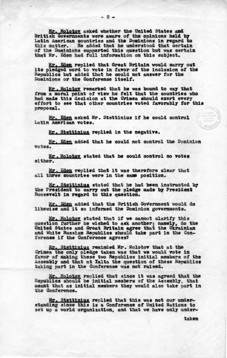 Minutes of Meeting Between Anthony Eden, Alger Hiss, Vyacheslav Molotov, T. V. Soong, Edward Stettinius, and Others
