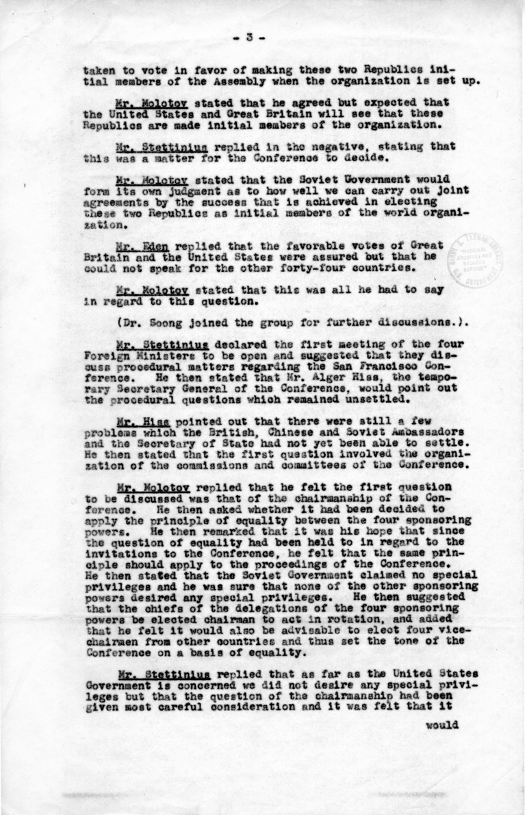 Minutes of Meeting Between Anthony Eden, Alger Hiss, Vyacheslav Molotov, T. V. Soong, Edward Stettinius, and Others