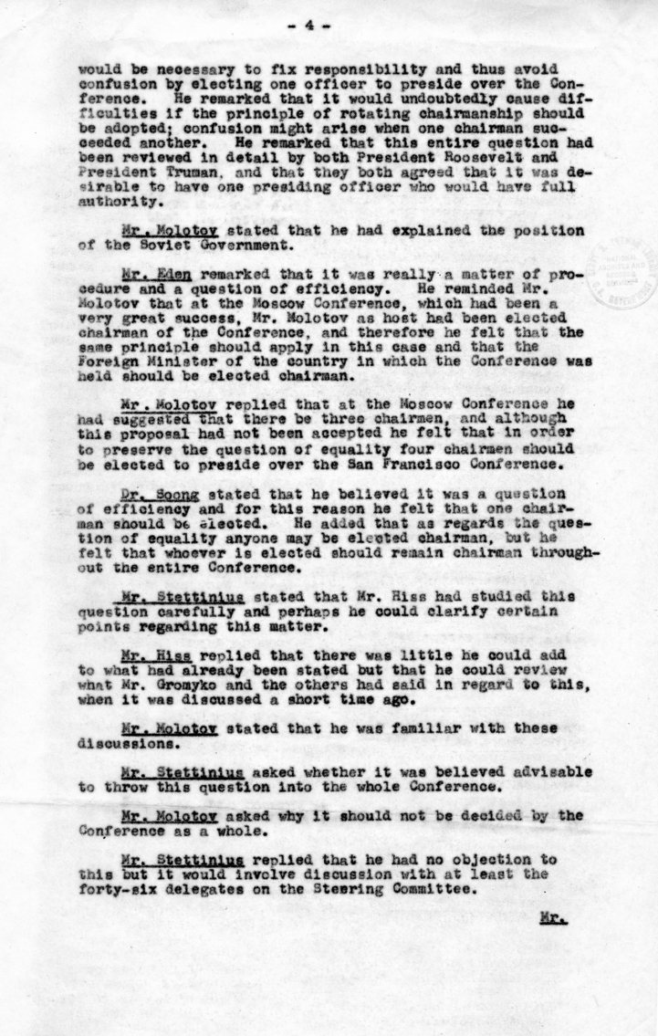Minutes of Meeting Between Anthony Eden, Alger Hiss, Vyacheslav Molotov, T. V. Soong, Edward Stettinius, and Others