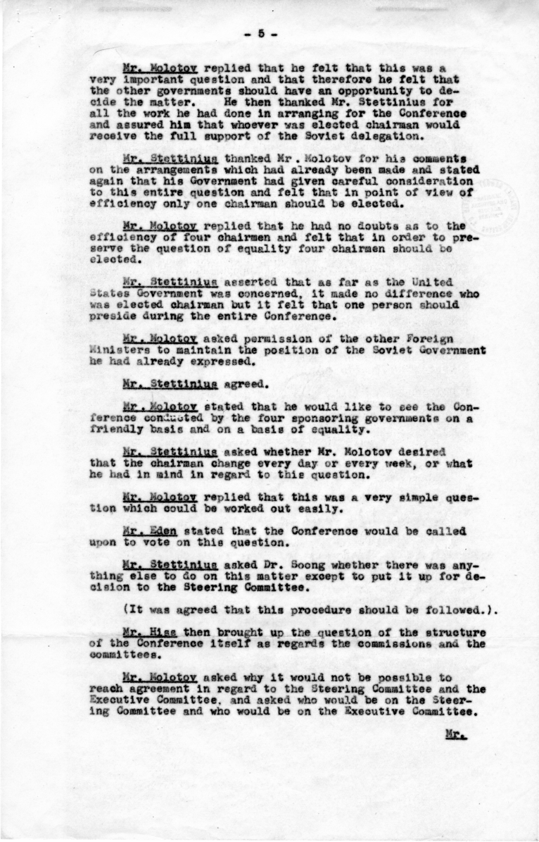 Minutes of Meeting Between Anthony Eden, Alger Hiss, Vyacheslav Molotov, T. V. Soong, Edward Stettinius, and Others