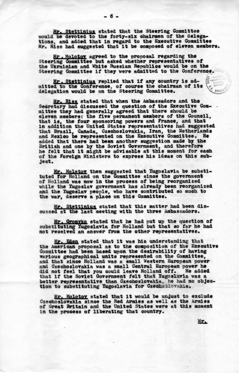 Minutes of Meeting Between Anthony Eden, Alger Hiss, Vyacheslav Molotov, T. V. Soong, Edward Stettinius, and Others