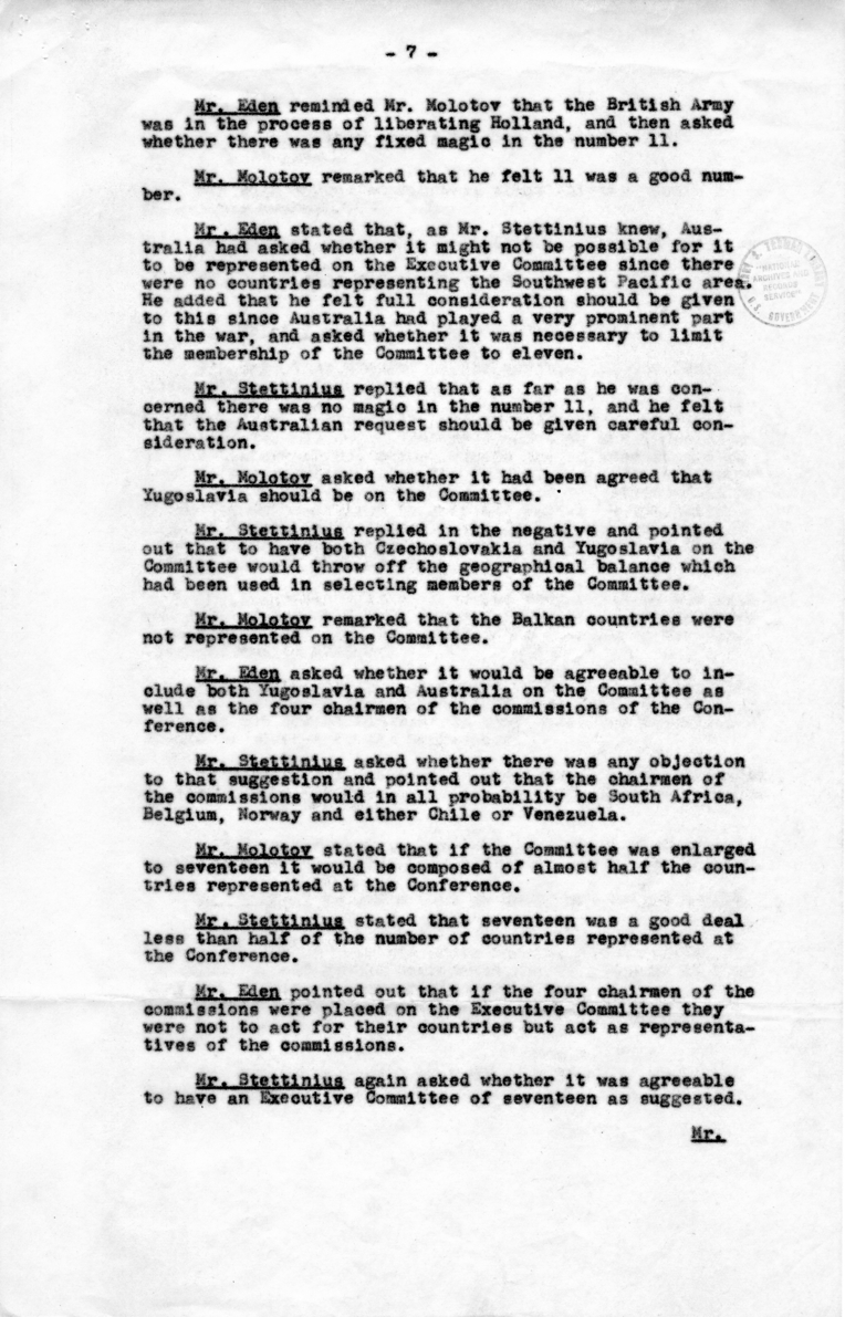 Minutes of Meeting Between Anthony Eden, Alger Hiss, Vyacheslav Molotov, T. V. Soong, Edward Stettinius, and Others