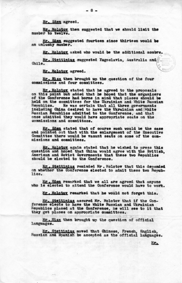 Minutes of Meeting Between Anthony Eden, Alger Hiss, Vyacheslav Molotov, T. V. Soong, Edward Stettinius, and Others