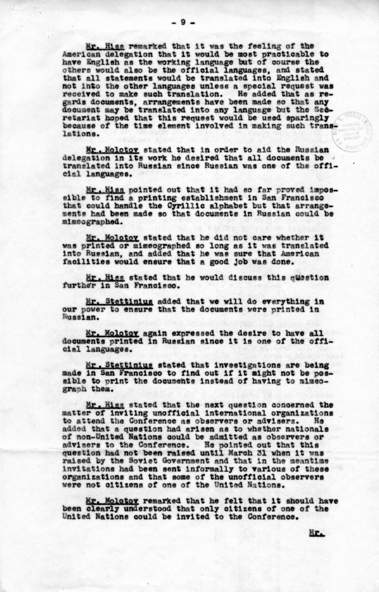 Minutes of Meeting Between Anthony Eden, Alger Hiss, Vyacheslav Molotov, T. V. Soong, Edward Stettinius, and Others