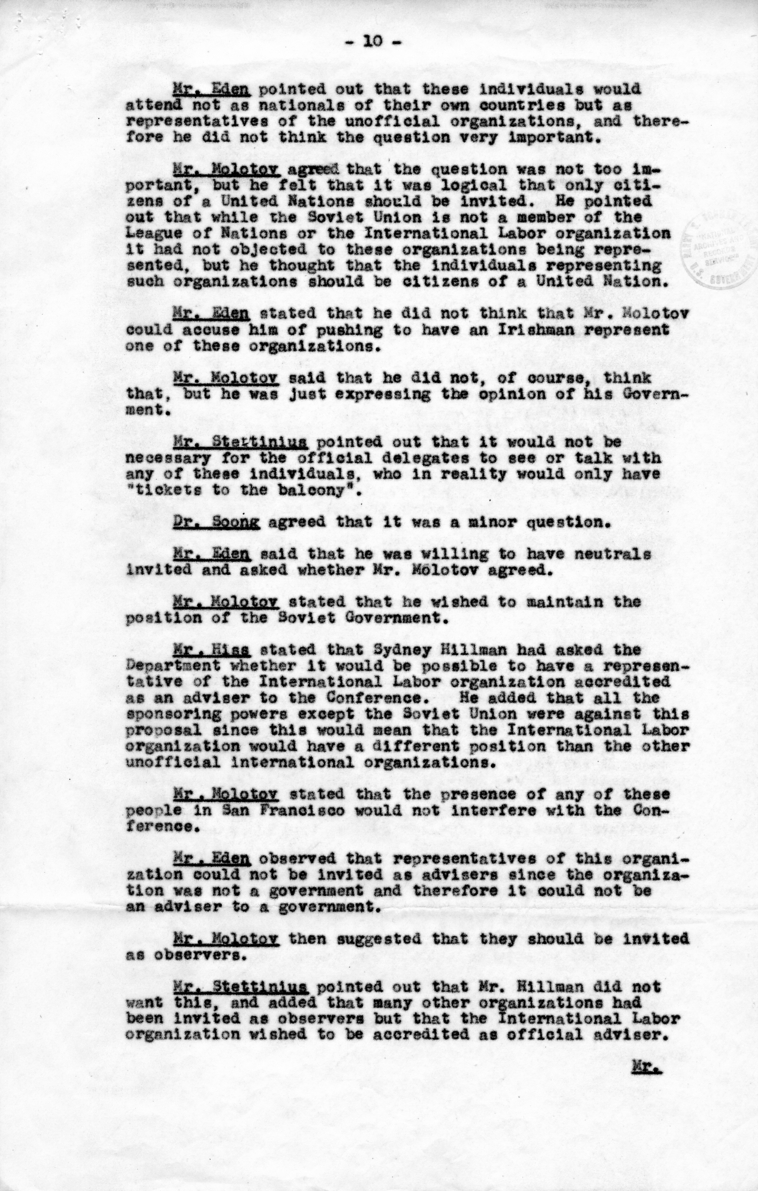 Minutes of Meeting Between Anthony Eden, Alger Hiss, Vyacheslav Molotov, T. V. Soong, Edward Stettinius, and Others