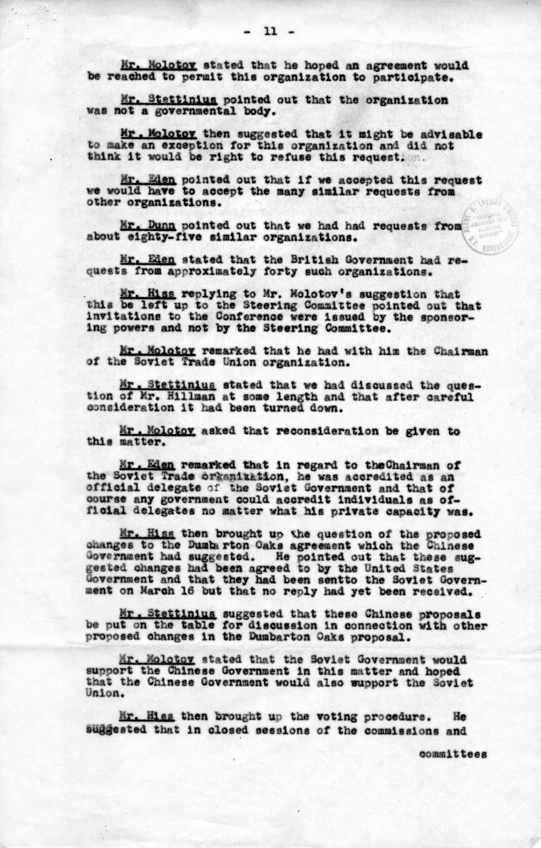 Minutes of Meeting Between Anthony Eden, Alger Hiss, Vyacheslav Molotov, T. V. Soong, Edward Stettinius, and Others