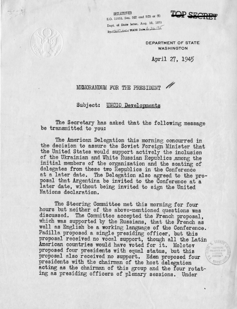 Memorandum from Joseph C. Grew to President Harry S. Truman