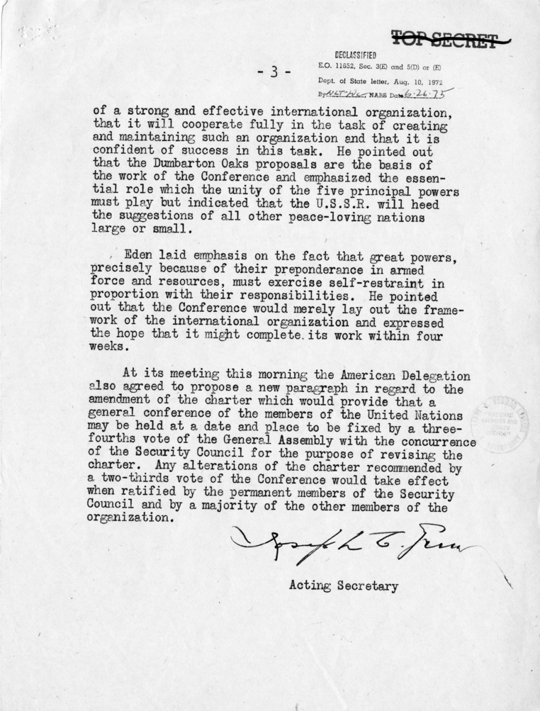 Memorandum from Joseph C. Grew to President Harry S. Truman