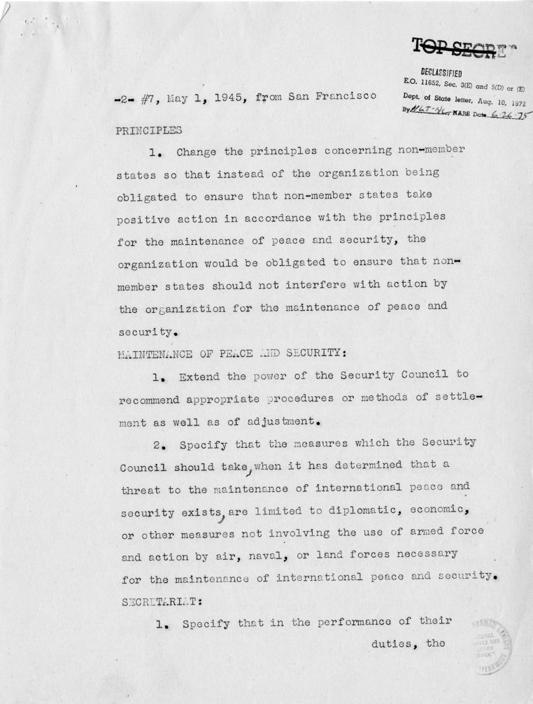 Memorandum from Joseph C. Grew to President Harry S. Truman With Attached Telegram from Secretary of State Edward Stettinius