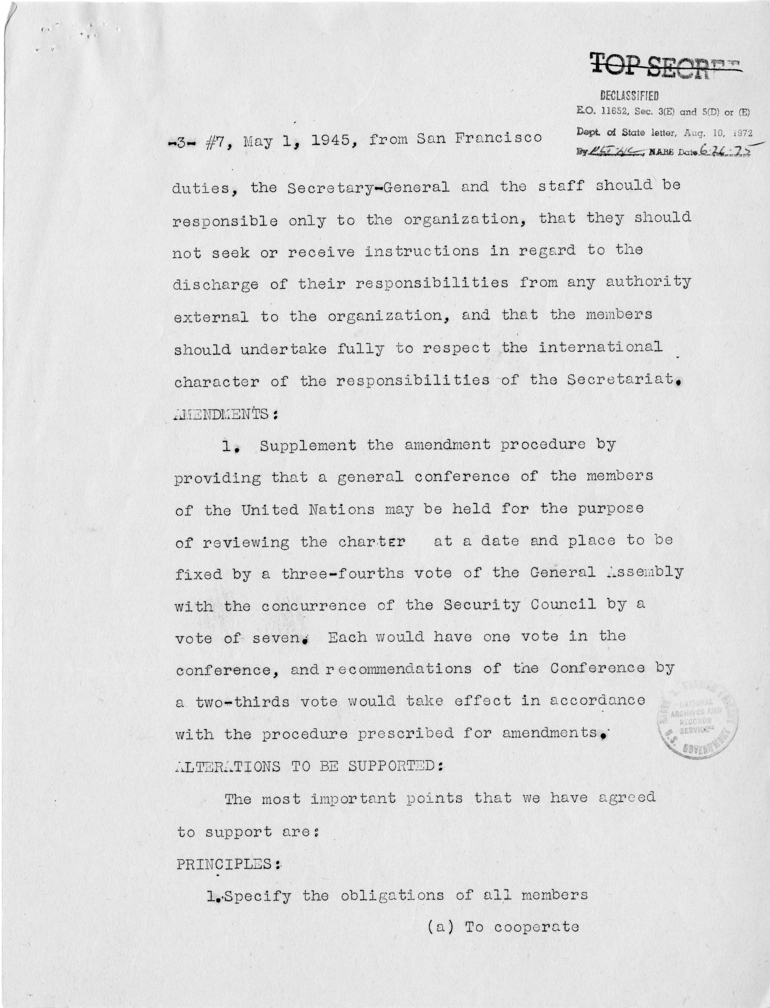 Memorandum from Joseph C. Grew to President Harry S. Truman With Attached Telegram from Secretary of State Edward Stettinius