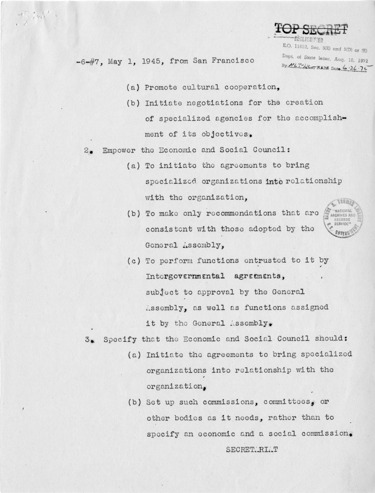 Memorandum from Joseph C. Grew to President Harry S. Truman With Attached Telegram from Secretary of State Edward Stettinius