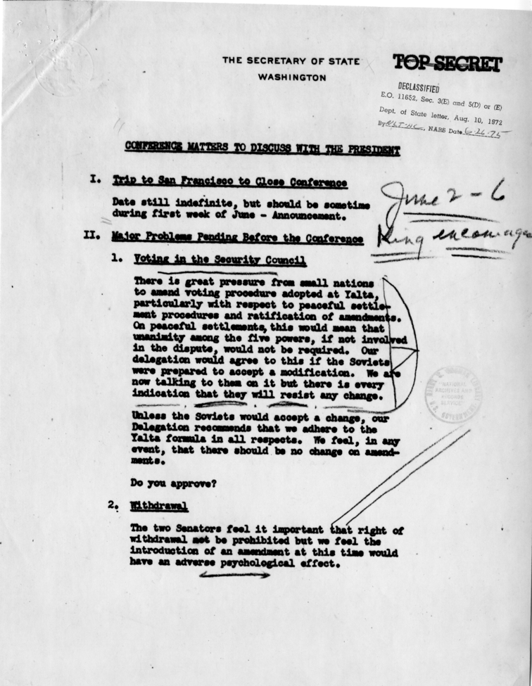Memorandum from Secretary of State Edward R. Stettinius to Matthew Connelly With Attachment