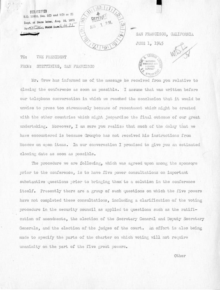 Memorandum from Secretary of State Edward R. Stettinius to President Harry S. Truman