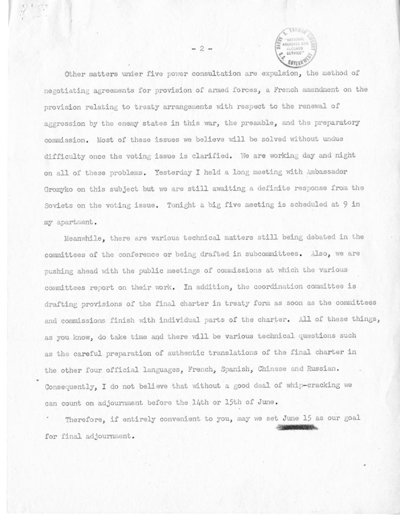 Memorandum from Secretary of State Edward R. Stettinius to President Harry S. Truman