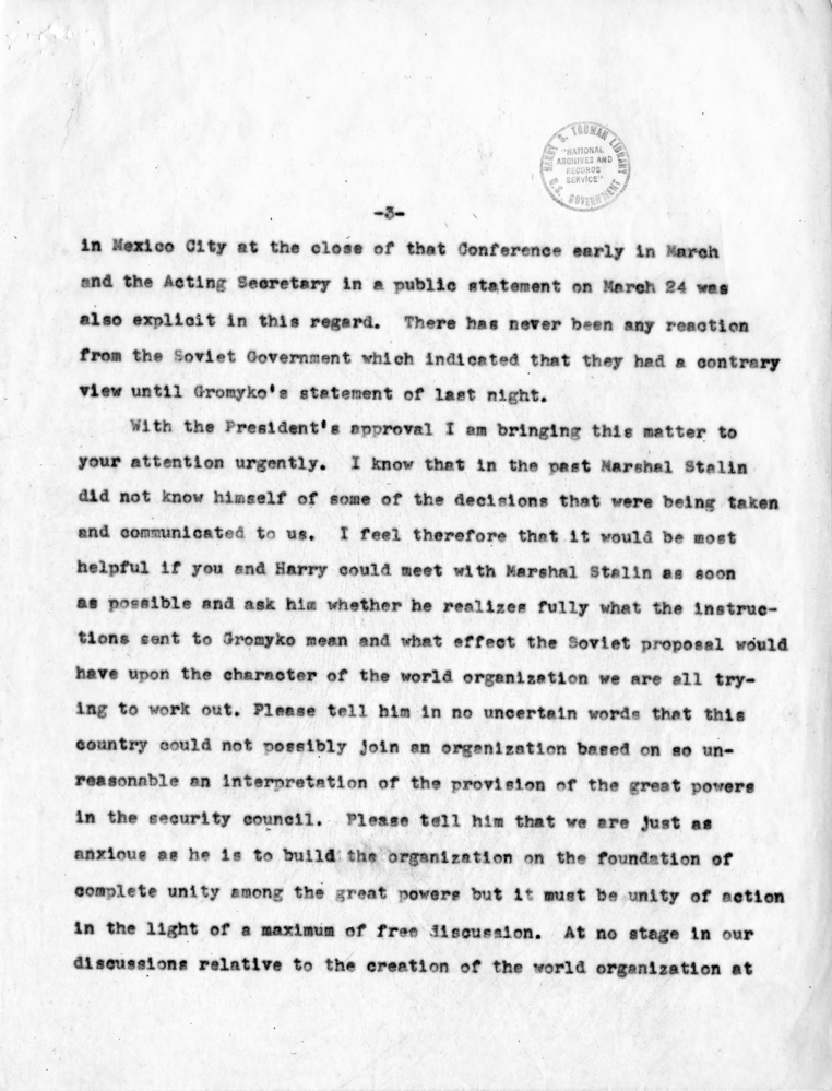 Memorandum from Joseph C. Grew to President Harry S. Truman with Attached Message from Secretary of State Edward Stettinius to Ambassador Averell Harriman