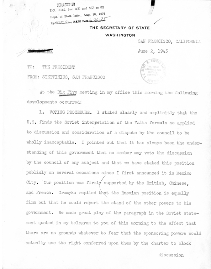 Memorandum from Secretary of State Edward R. Stettinius to President Harry S. Truman