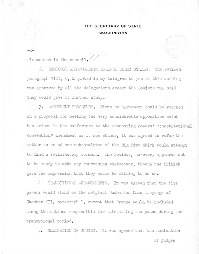 Memorandum from Secretary of State Edward R. Stettinius to President Harry S. Truman