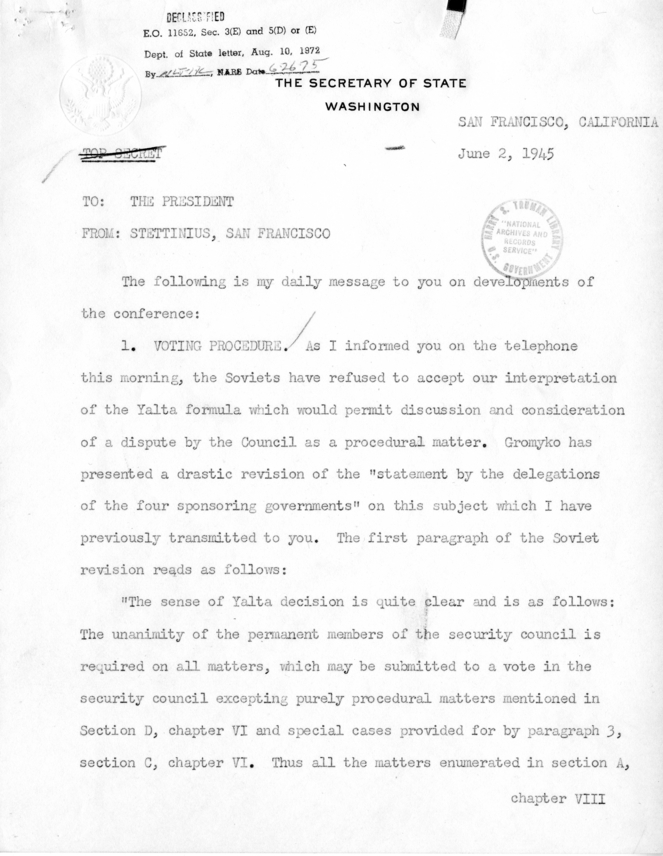 Memorandum from Secretary of State Edward R. Stettinius to President Harry S. Truman