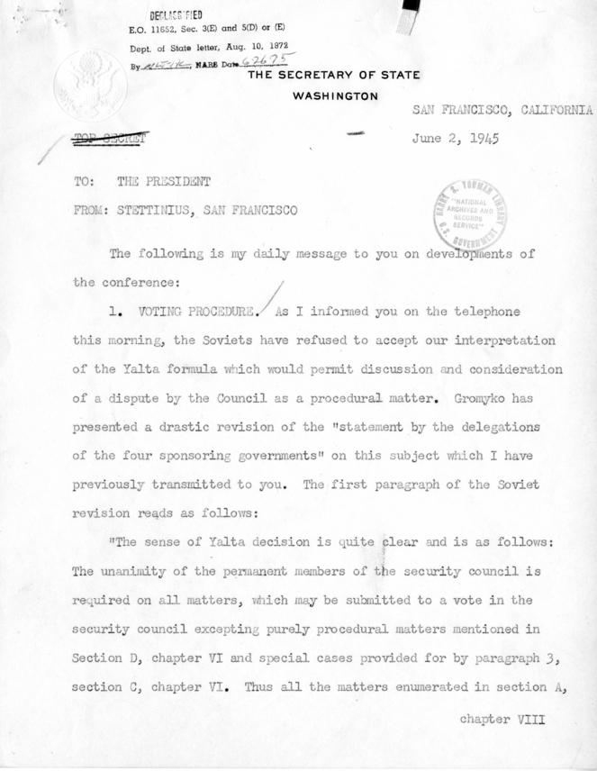 Memorandum from Secretary of State Edward R. Stettinius to President Harry S. Truman