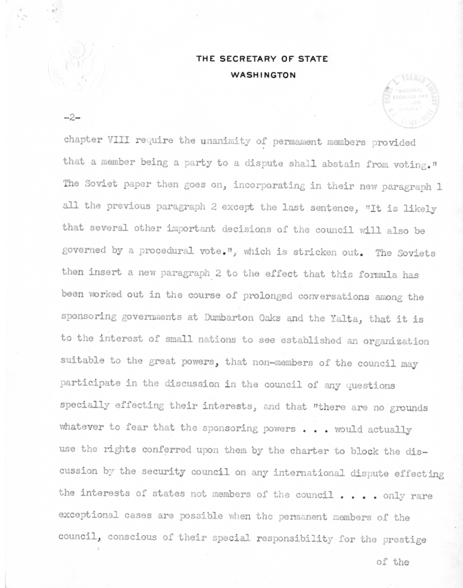 Memorandum from Secretary of State Edward R. Stettinius to President Harry S. Truman