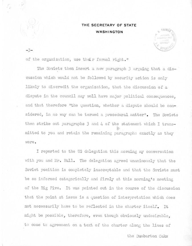 Memorandum from Secretary of State Edward R. Stettinius to President Harry S. Truman