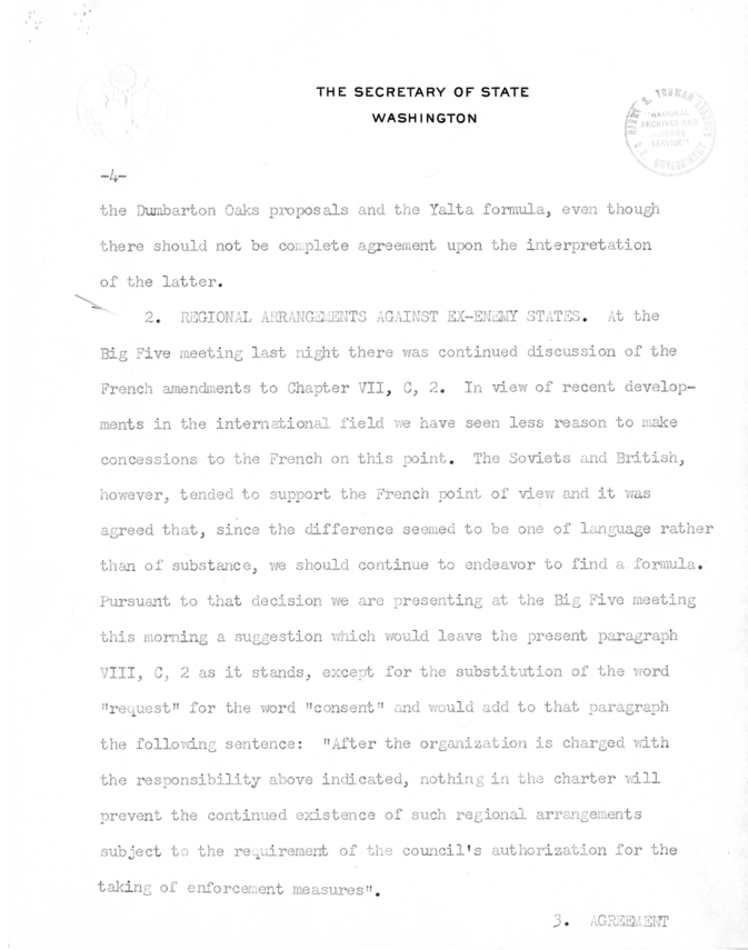 Memorandum from Secretary of State Edward R. Stettinius to President Harry S. Truman