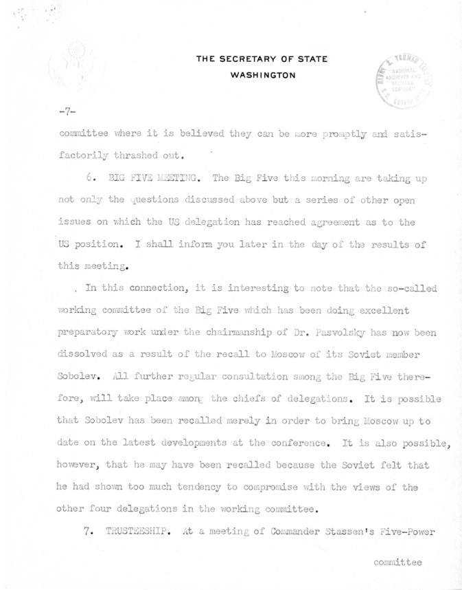 Memorandum from Secretary of State Edward R. Stettinius to President Harry S. Truman