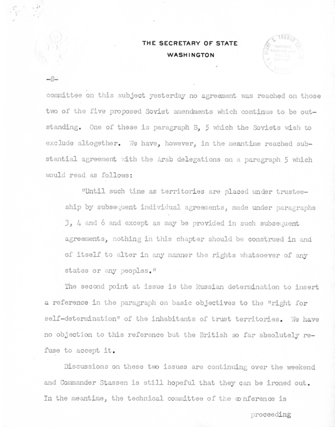 Memorandum from Secretary of State Edward R. Stettinius to President Harry S. Truman