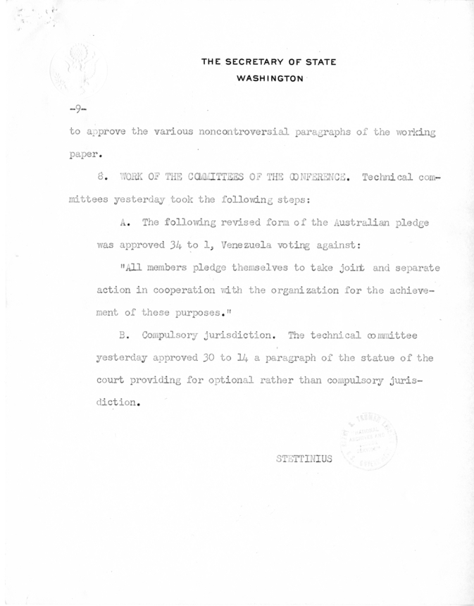 Memorandum from Secretary of State Edward R. Stettinius to President Harry S. Truman