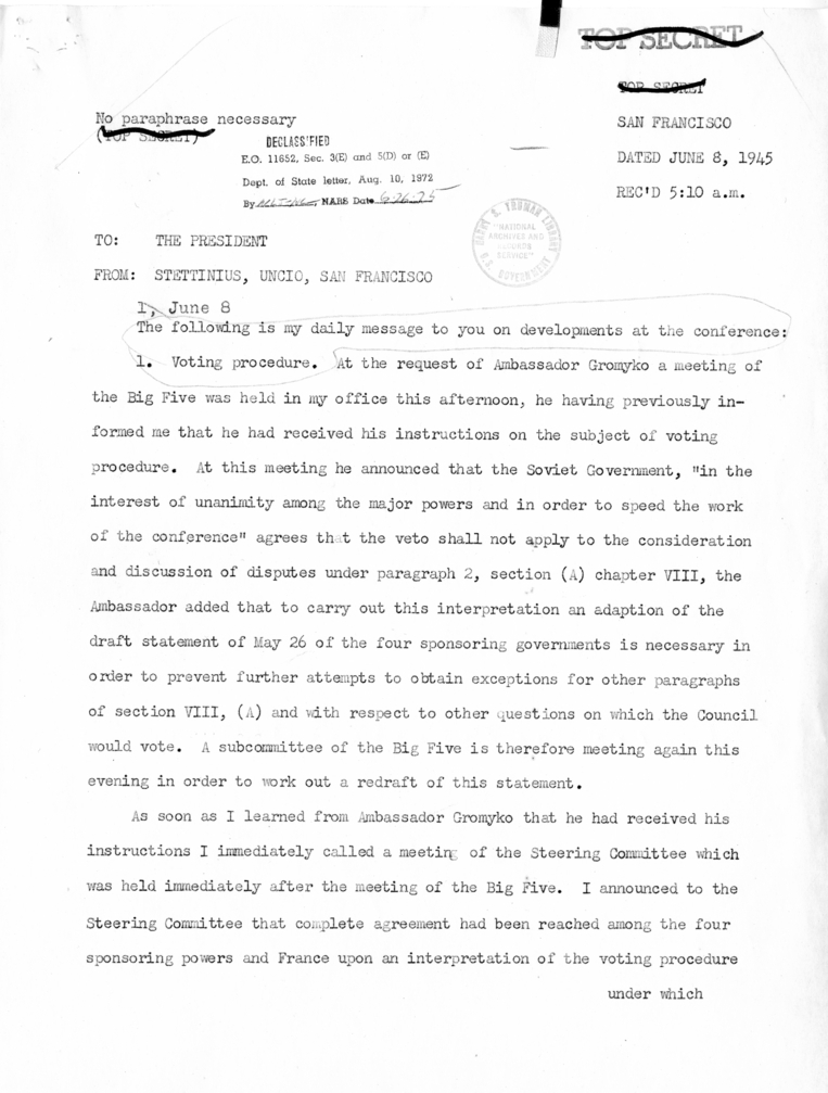 Memorandum from Secretary of State Edward R. Stettinius to President Harry S. Truman