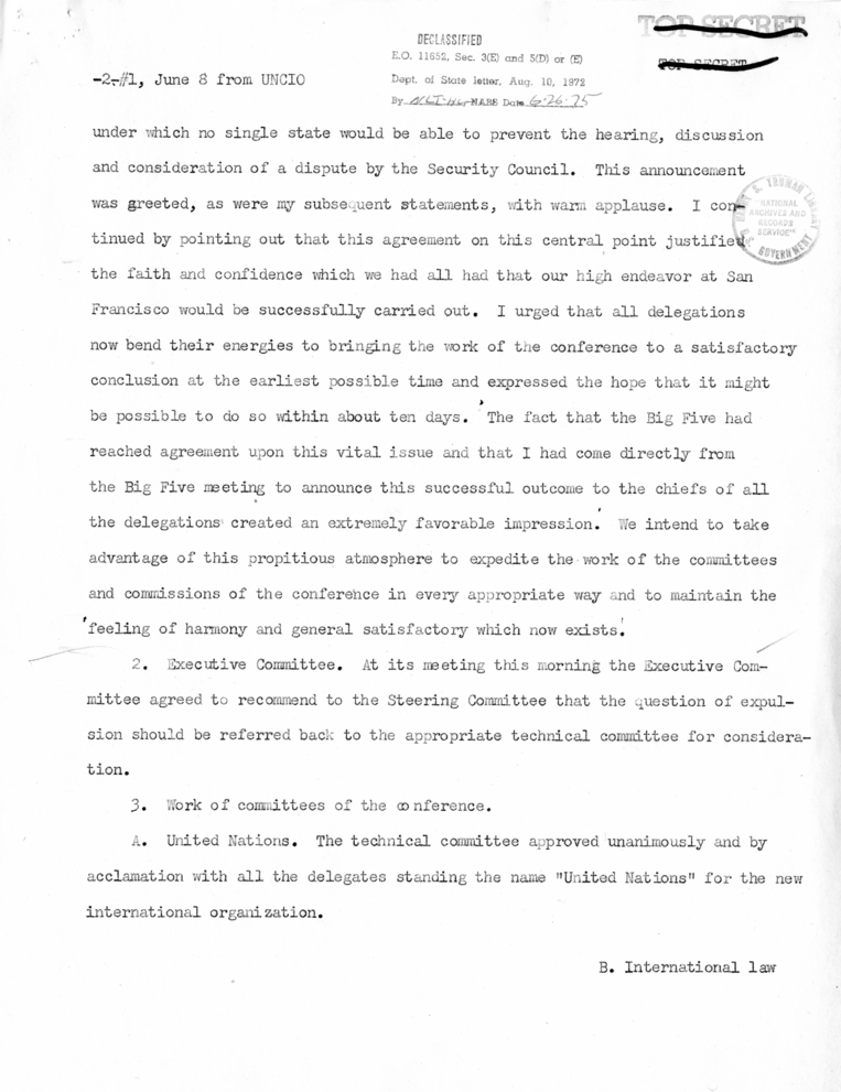 Memorandum from Secretary of State Edward R. Stettinius to President Harry S. Truman