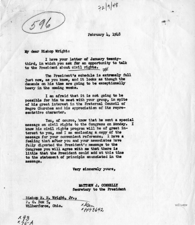 Correspondence Between Matthew J. Connelly and Bishop R. R. Wright, Jr. With Attached Letters from White House Staff