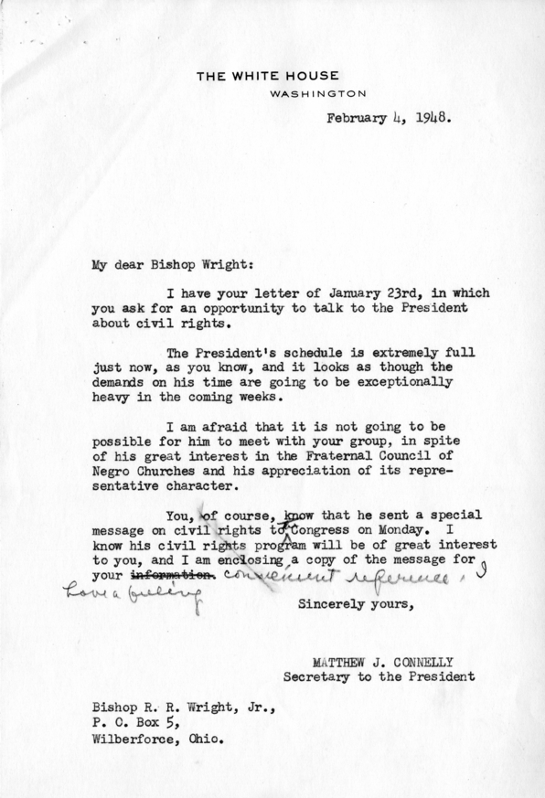 Correspondence Between Matthew J. Connelly and Bishop R. R. Wright, Jr. With Attached Letters from White House Staff